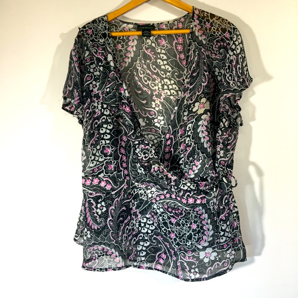 Lane Bryant‎ Sheer Dark Floral Tie Wrap Peplum Blouse